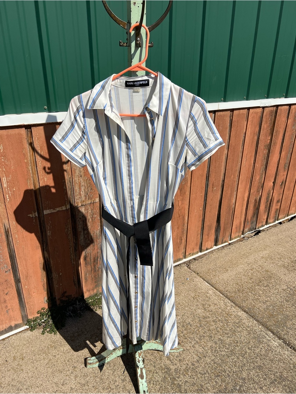 Karl Lagerfeld White Dress with Blue and Gray Stripes and Black Waist Tie